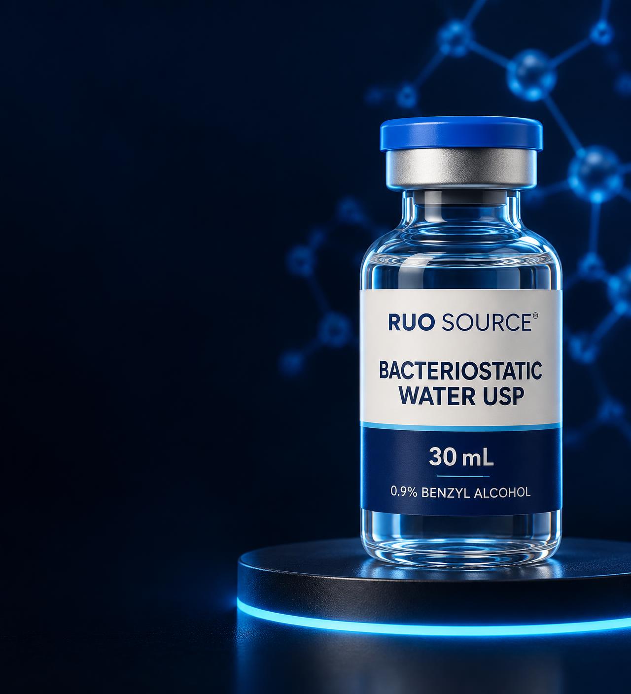 A 30 mL glass vial of RUO Source bacteriostatic water, USP, photographed in black and white